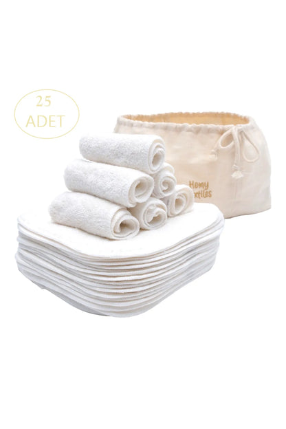 Makyaj Temizleme Mendili Yüz Havlusu Bebek Ağız Bezi Organik Bambu 25'li Set Çanta Hediyeli